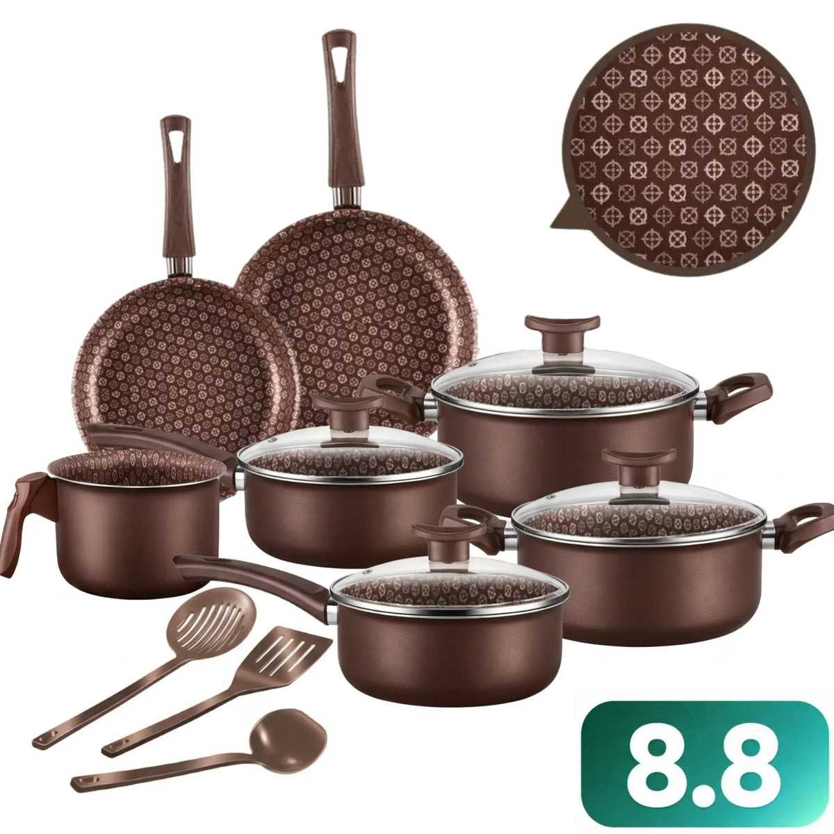 Jogo de Panelas 10 Peças Antiaderente com Tampa de Vidro Temperado Bianco Vanilla - Kit Teflon  Cozinha Completa