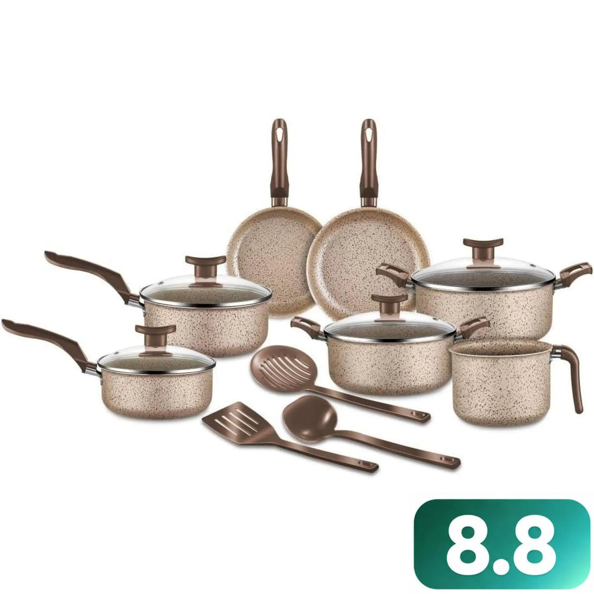 Jogo de Panelas 10 Peças Antiaderente com Tampa de Vidro Temperado Bianco Vanilla - Kit Teflon  Cozinha Completa