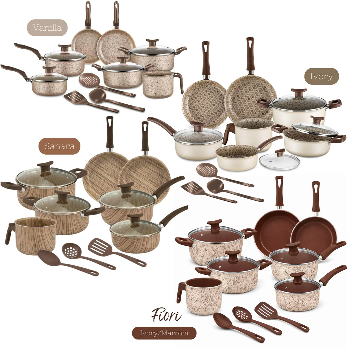 Jogo de Panelas 10 Peças Antiaderente com Tampa de Vidro Temperado Bianco Vanilla - Kit Teflon  Cozinha Completa