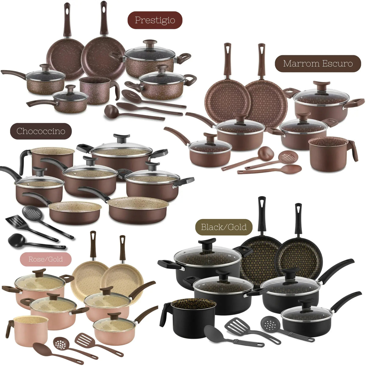 Jogo de Panelas 10 Peças Antiaderente com Tampa de Vidro Temperado Bianco Vanilla - Kit Teflon  Cozinha Completa