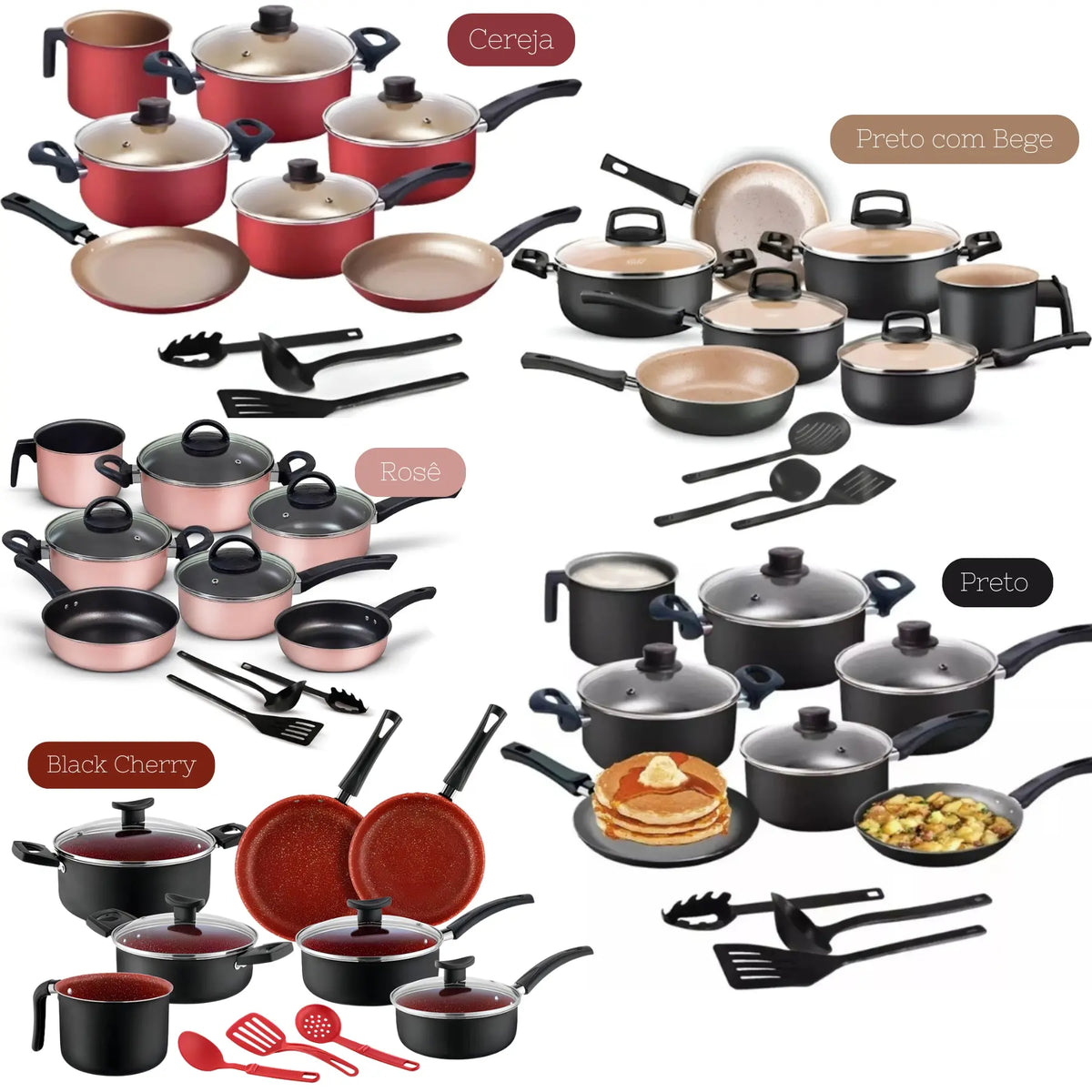 Jogo de Panelas 10 Peças Antiaderente com Tampa de Vidro Temperado Bianco Vanilla - Kit Teflon  Cozinha Completa